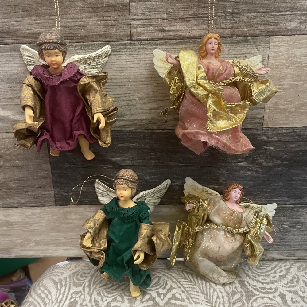 Vintage Fabric Angel Ornaments Set of 4 Gold Wings Christmas Decor Mixed